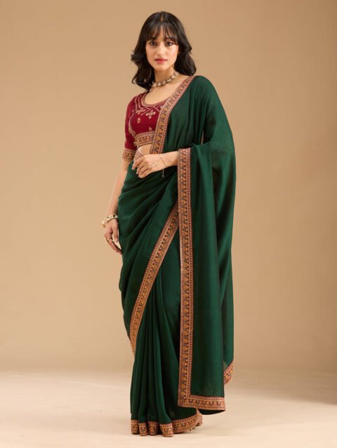 Bottle Green Gold Zariwork Soft Raw Silk Saree
