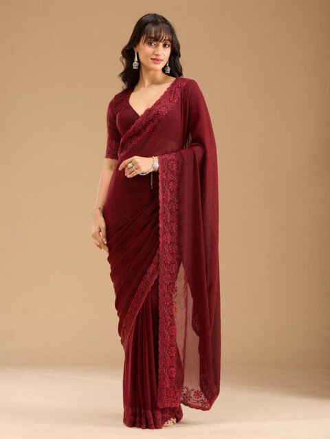 Dark Maroon Threadwork Chiffon Saree