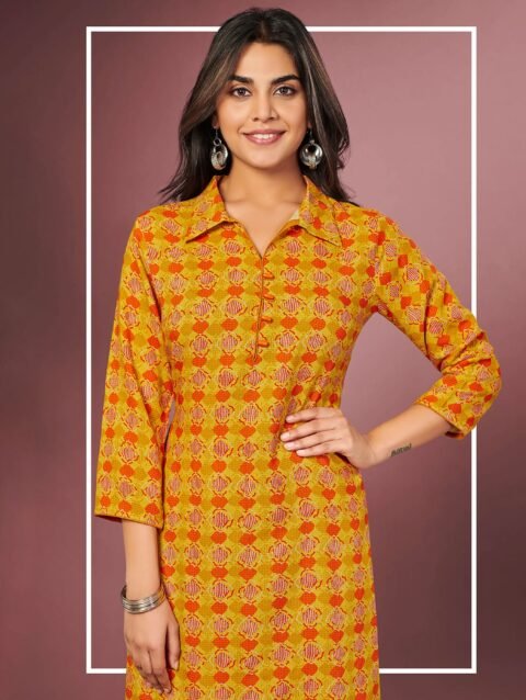 Laxmipati Beer Orange Straight Cut Kurti With Digital Print