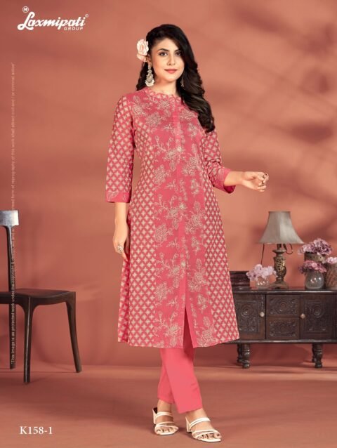 Laxmipati Candy Vico Pink Hand Printed A-Line Front Slit Kurti