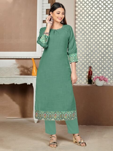 Laxmipati Lamten Linen Ilayachi Green Straight Cut Kurti With Mask