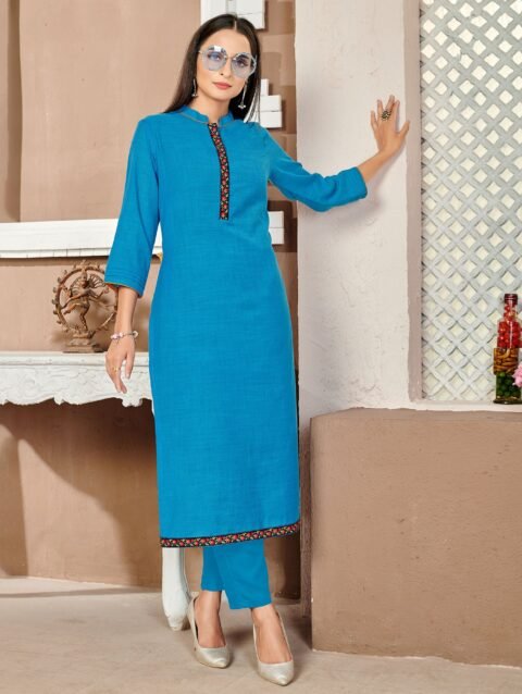 Laxmipati Lamten Linen Subdude Blue Straight Cut Kurti With Mask
