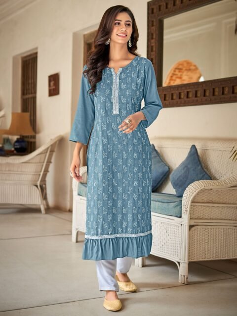Laxmipati Nabulla (Fine Cotton) Icy Blue Grey Straight Cut Kurti