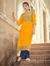 Laxmipati Rayon Chex With Swiss Slub Canary Chex With Turmeric Yellow Straight Kurta