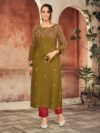 Laxmipati Rayon Mehendi Green Straight Cut Kurti Has Round Neck Variation , Embroidered Cufe & Different Yoke Pattern