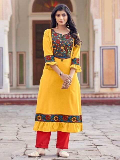 Laxmipati Swiss Slue Golden Yellow Straight Kurta