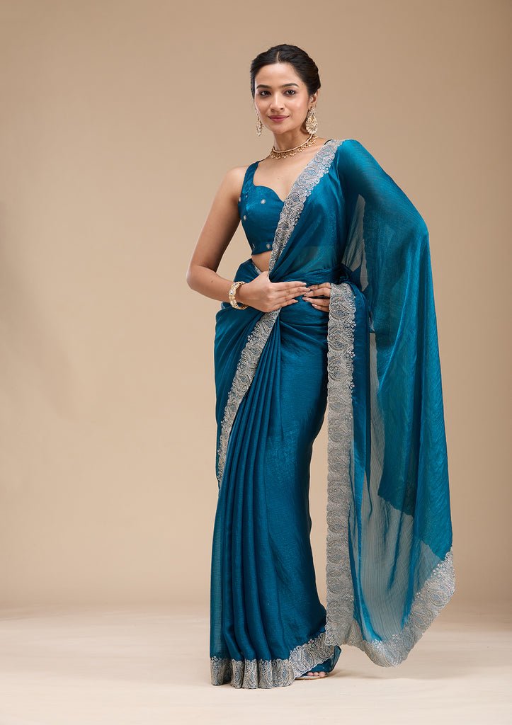 Peacock Blue Zariwork Silk Saree
