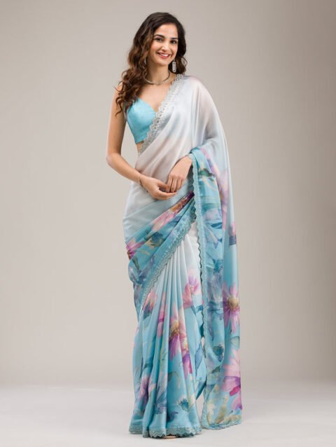 Sky Blue Stonework Satin Saree