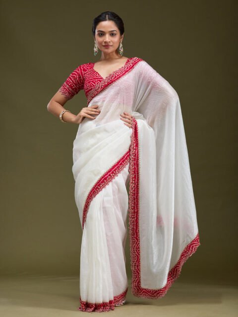 White Printed Satin Saree