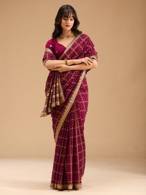 Wine Gold Zariwork Soft Raw Silk Saree